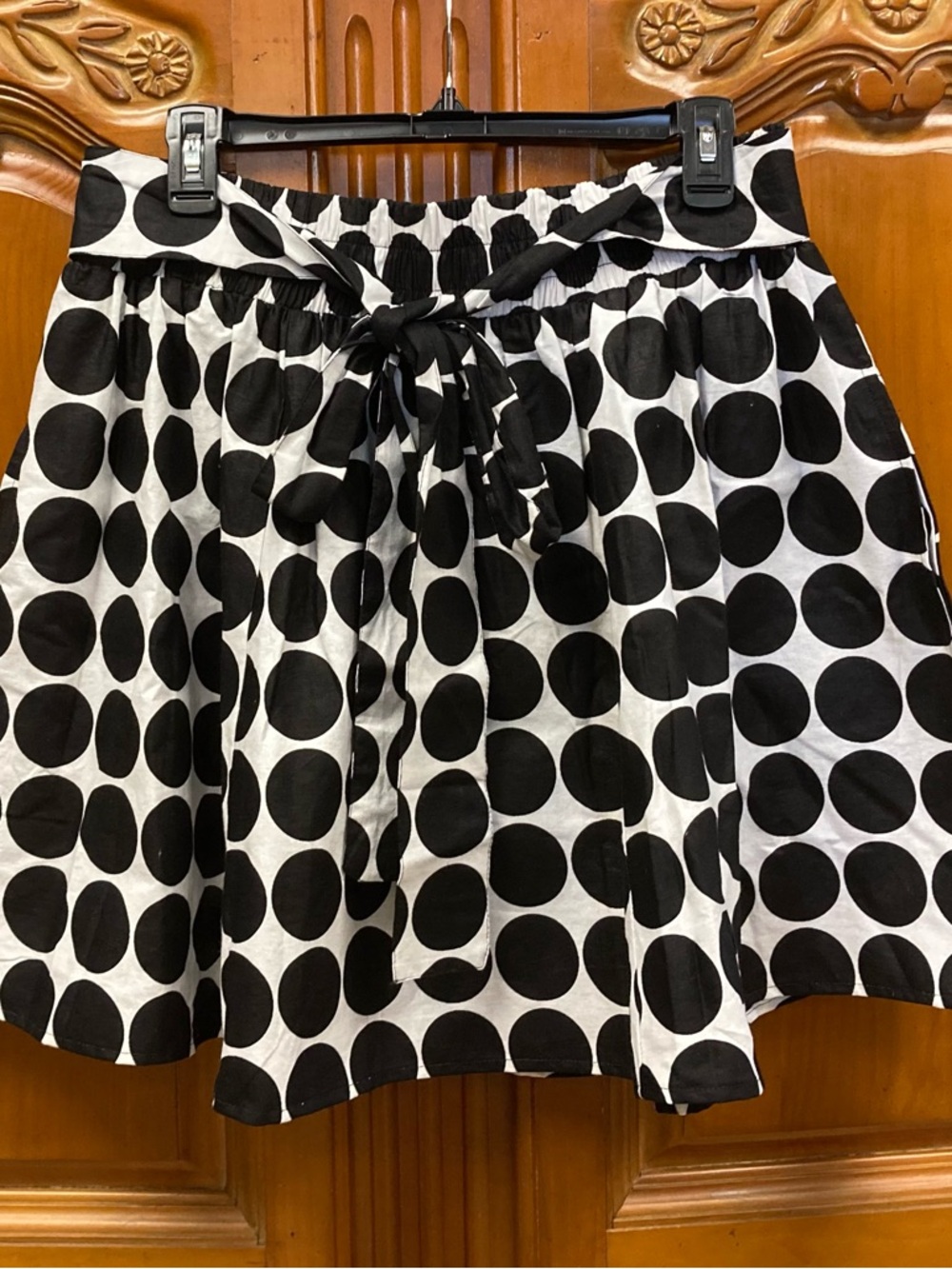 Black White Polka Dot Cotton Mini Skirt Elastic Waist Tie One Size